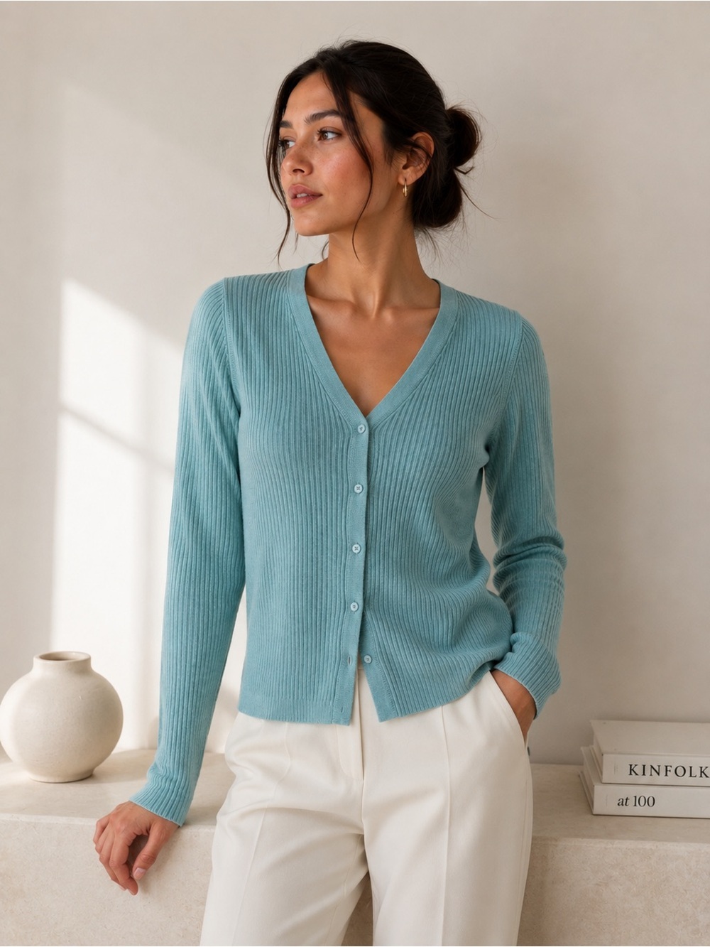 TSE 55% Silk 45% Cashmere Ribbed Cardigan Sweater Aqua Blue Button Front Medium